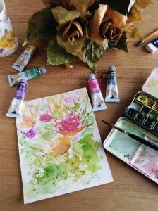 Autumn roses - original watercolor painting, ink watercolor Clara Fruggeri, Illustrazioni di Clara Fruggeri, inchiostro 