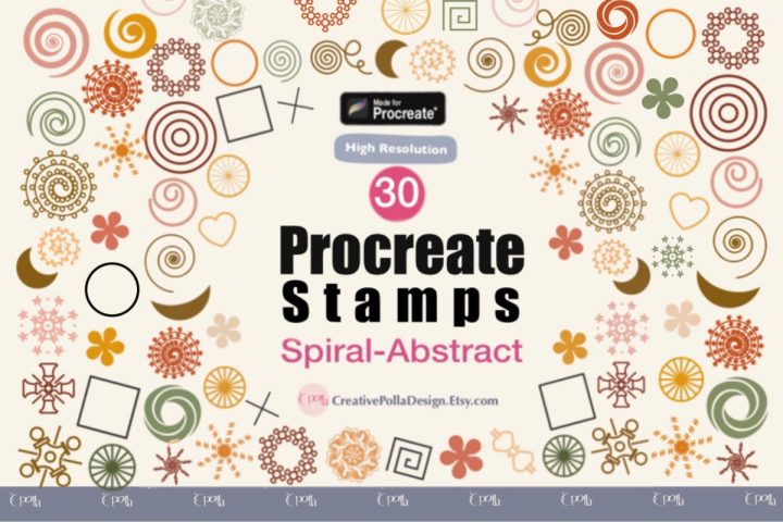 30 procreate spiral brushes, procreate stamp brushes, procreate boho, shape brushes, abstract procreate